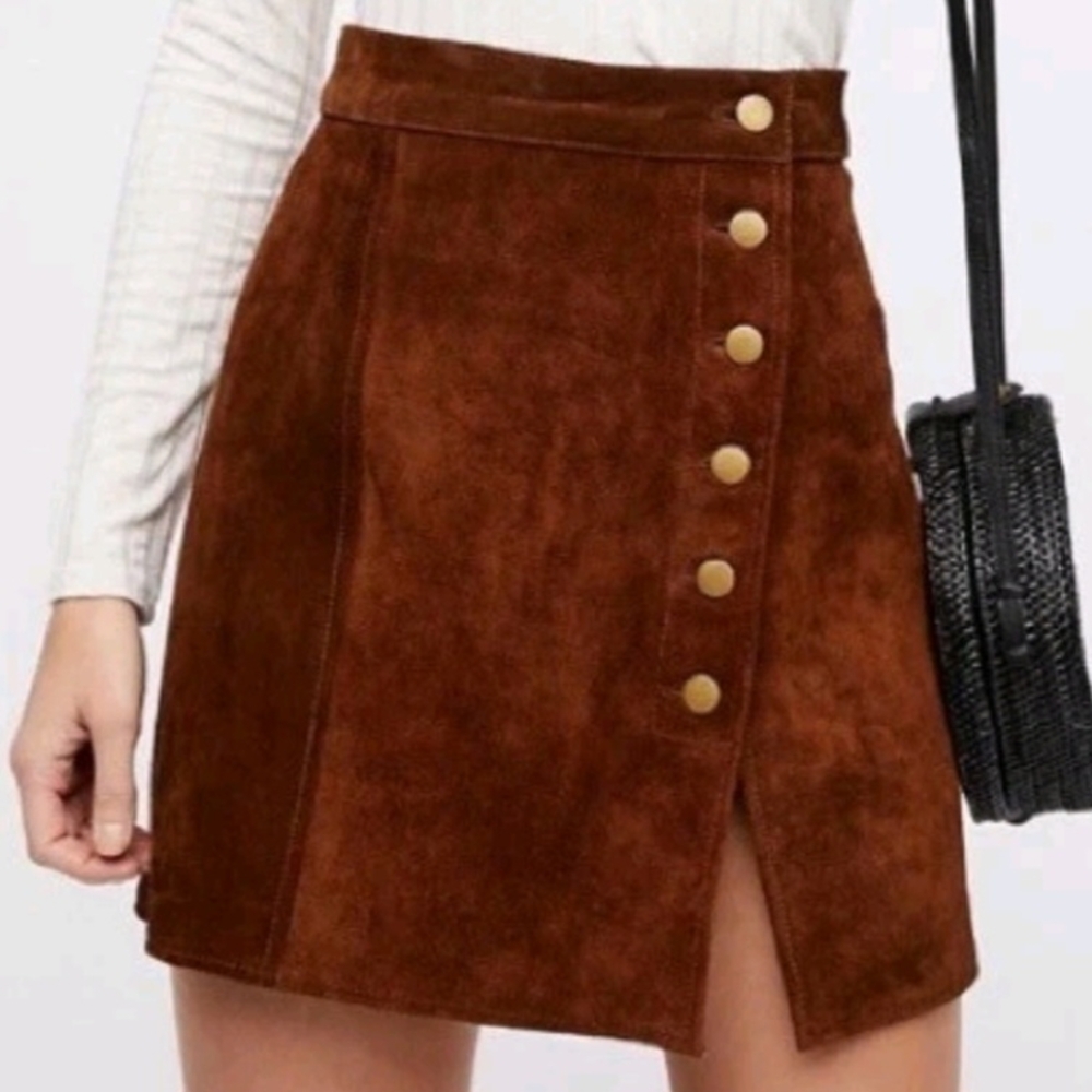Brown Suede Button-Front Mini Skirt